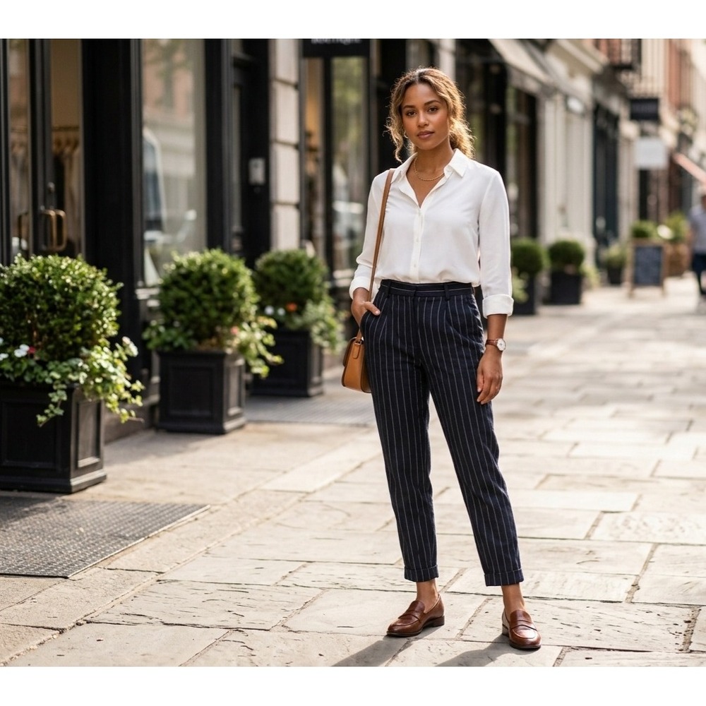Uniqlo Navy Pinstripe Linen Cotton Tapered Ankle Pants XS 221-464906